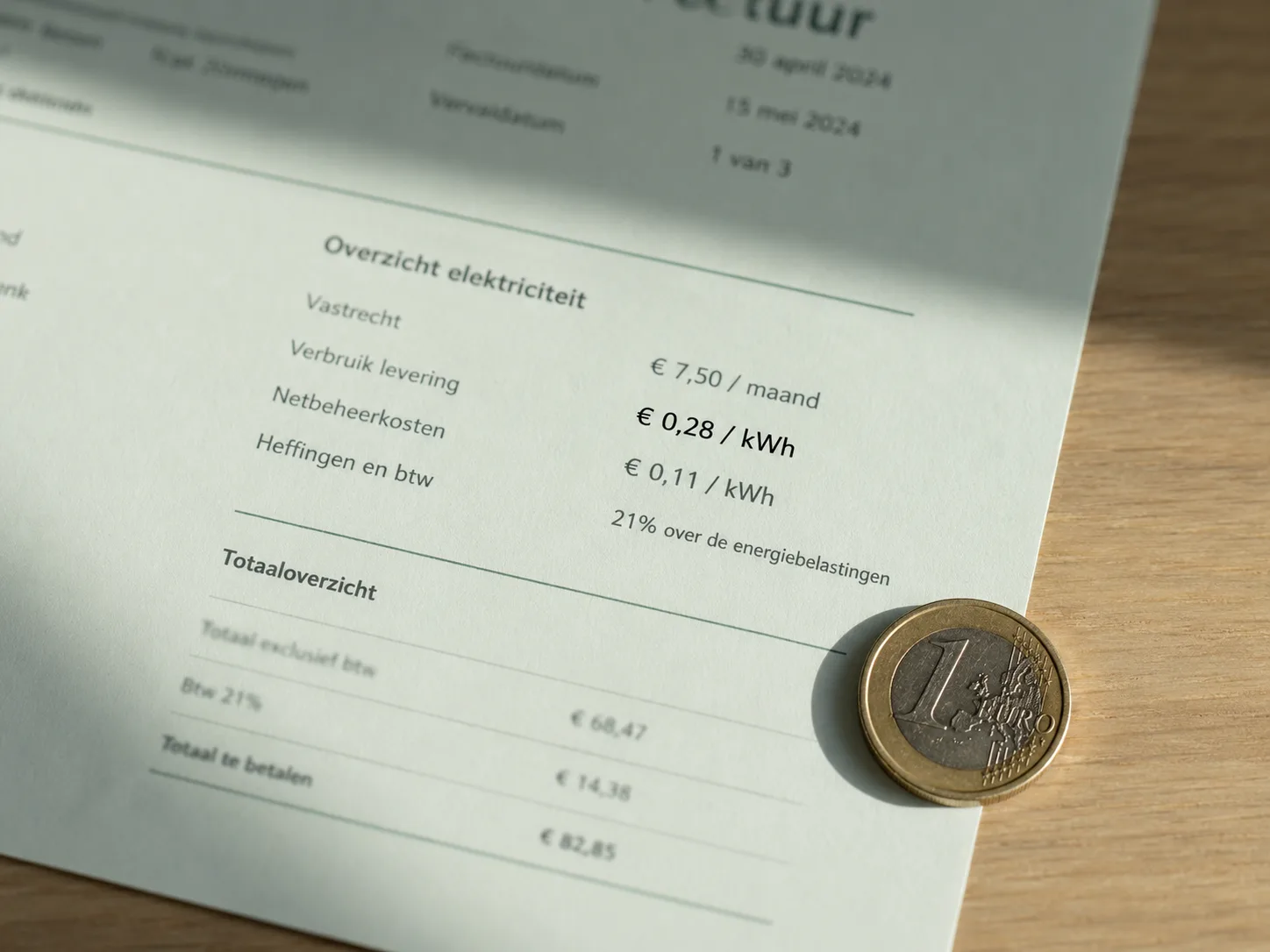 Close-up van een Nederlandse energierekening met kWh-prijs zichtbaar
